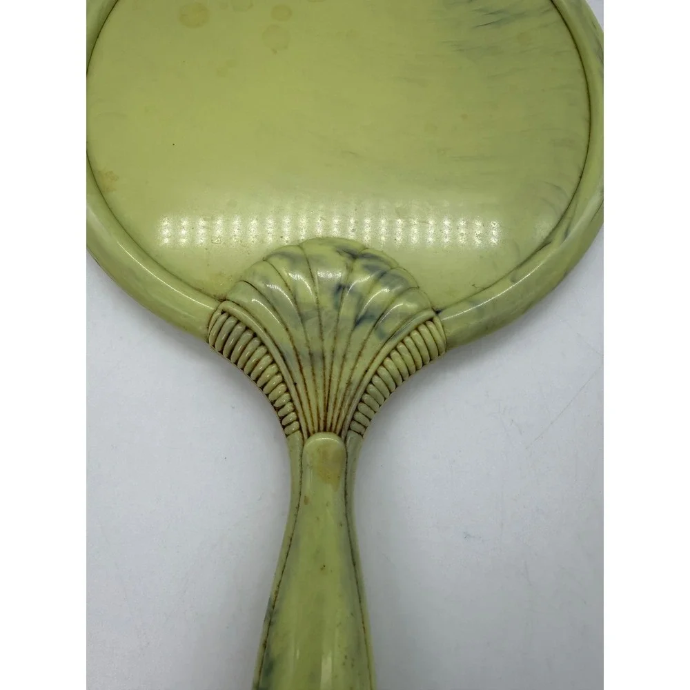Vintage Art Deco Style Marbled Lime Green Shell Hand Mirror Vanity Accessory
